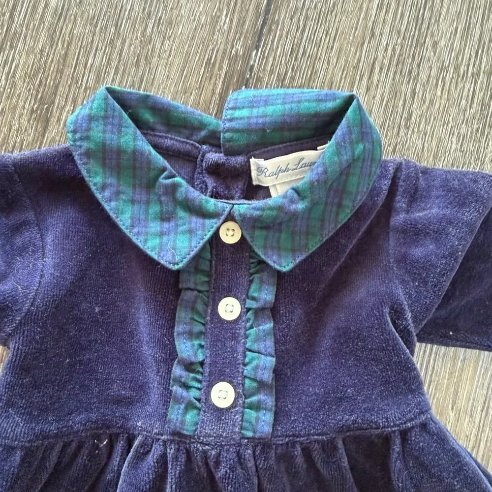 Ralph Lauren Vintage Navy Velvet Baby Dress with Green Plaid Trim